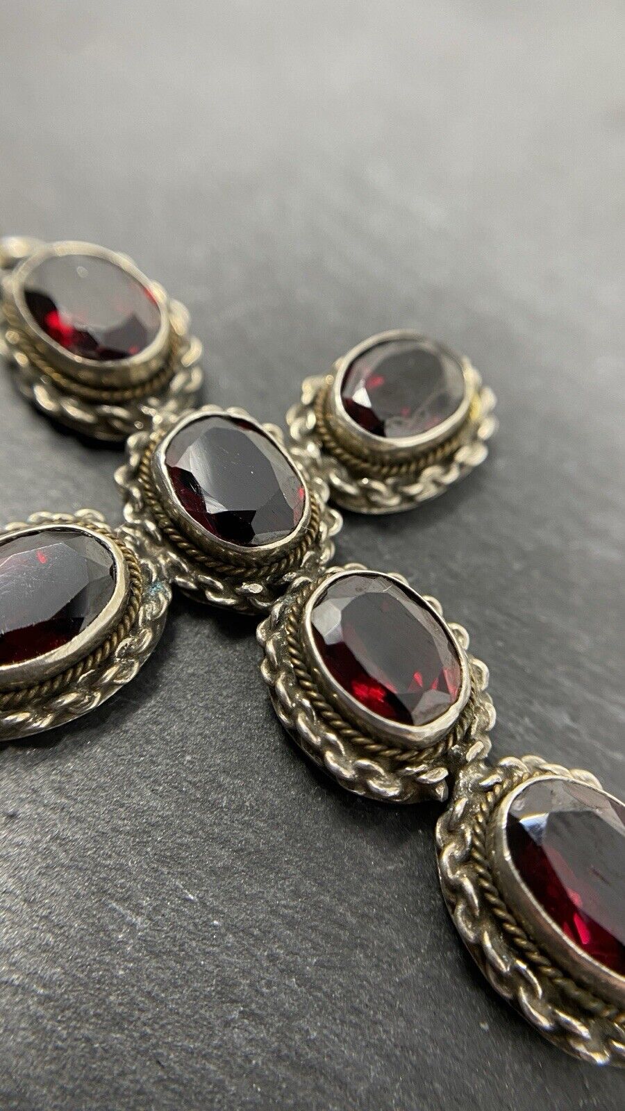 Antik Kreuz 800er Silber Granatsteine Ankerkettenstil 5,5cm No.131