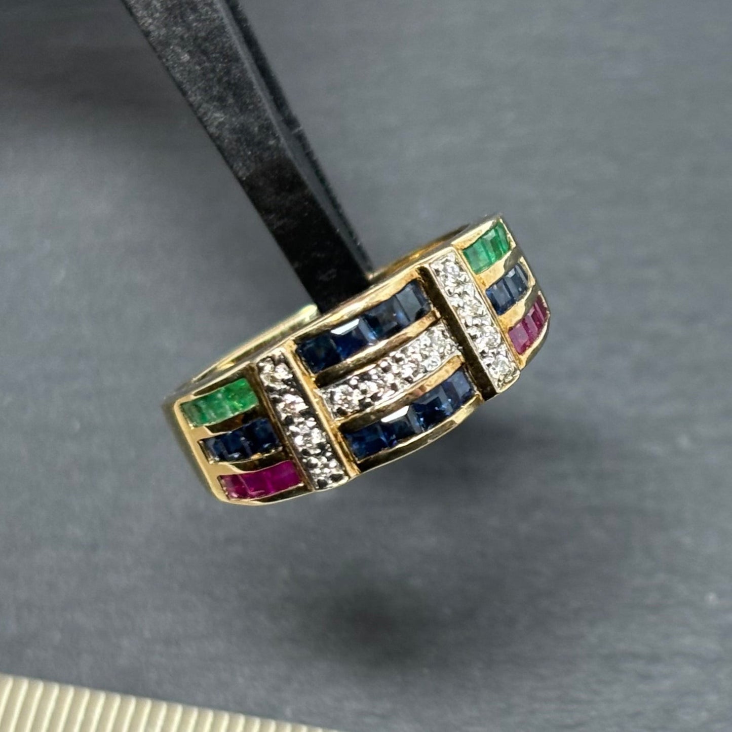 Verkauft ! Goldring Vintage Rainbow Ring Saphir Diamant Smaragd Rubin 14K/585 No.U44
