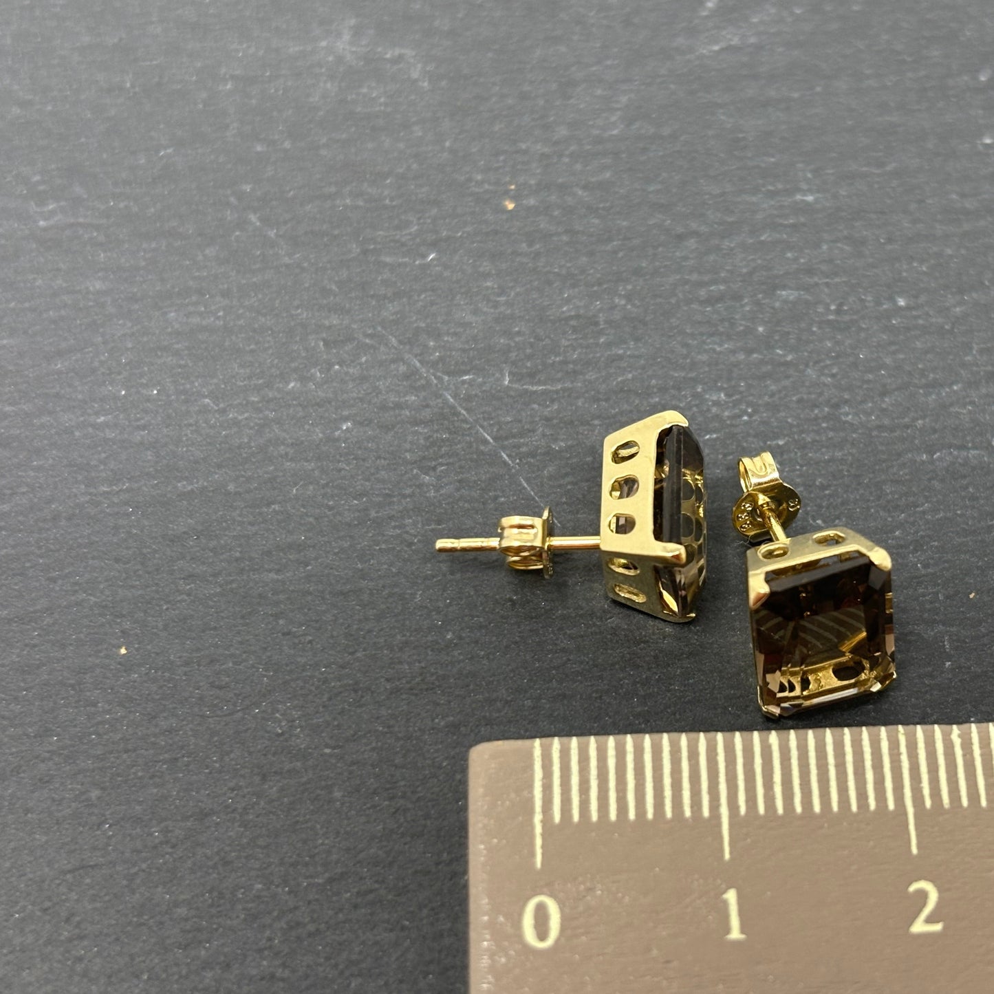 Goldohrstecker Ohrringe Rauchquarz im Baguetteschliff 8K/333 No.111