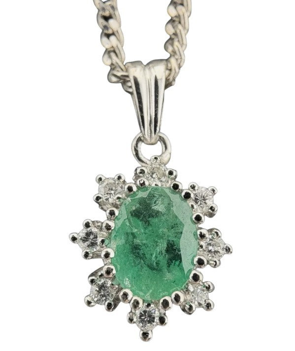 Weißgold Anhänger mit Kette | Brillanten Smaragd 14K/585 Weißgold Entourage