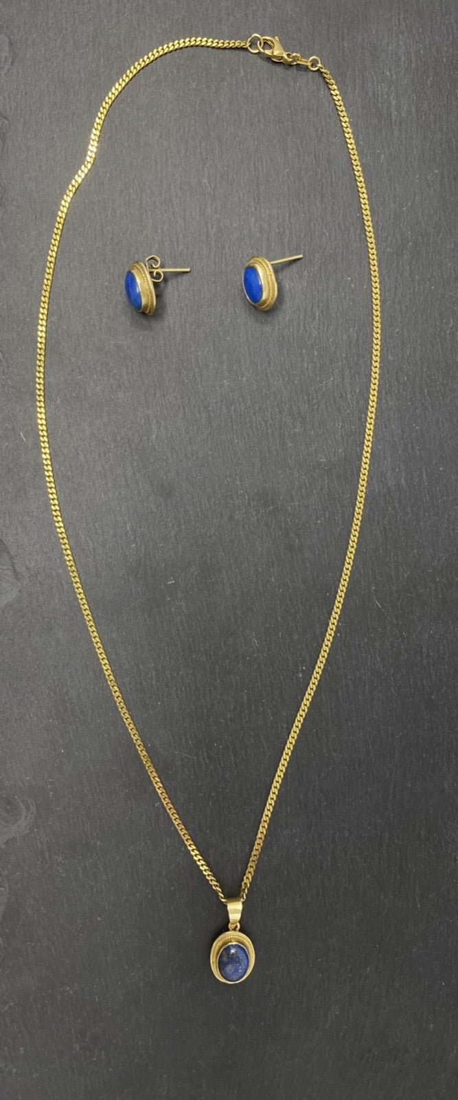 14K Gold Schmuckset Lapislazuli – Panzerkette & Ohrstecker – Echtgold – Vintage