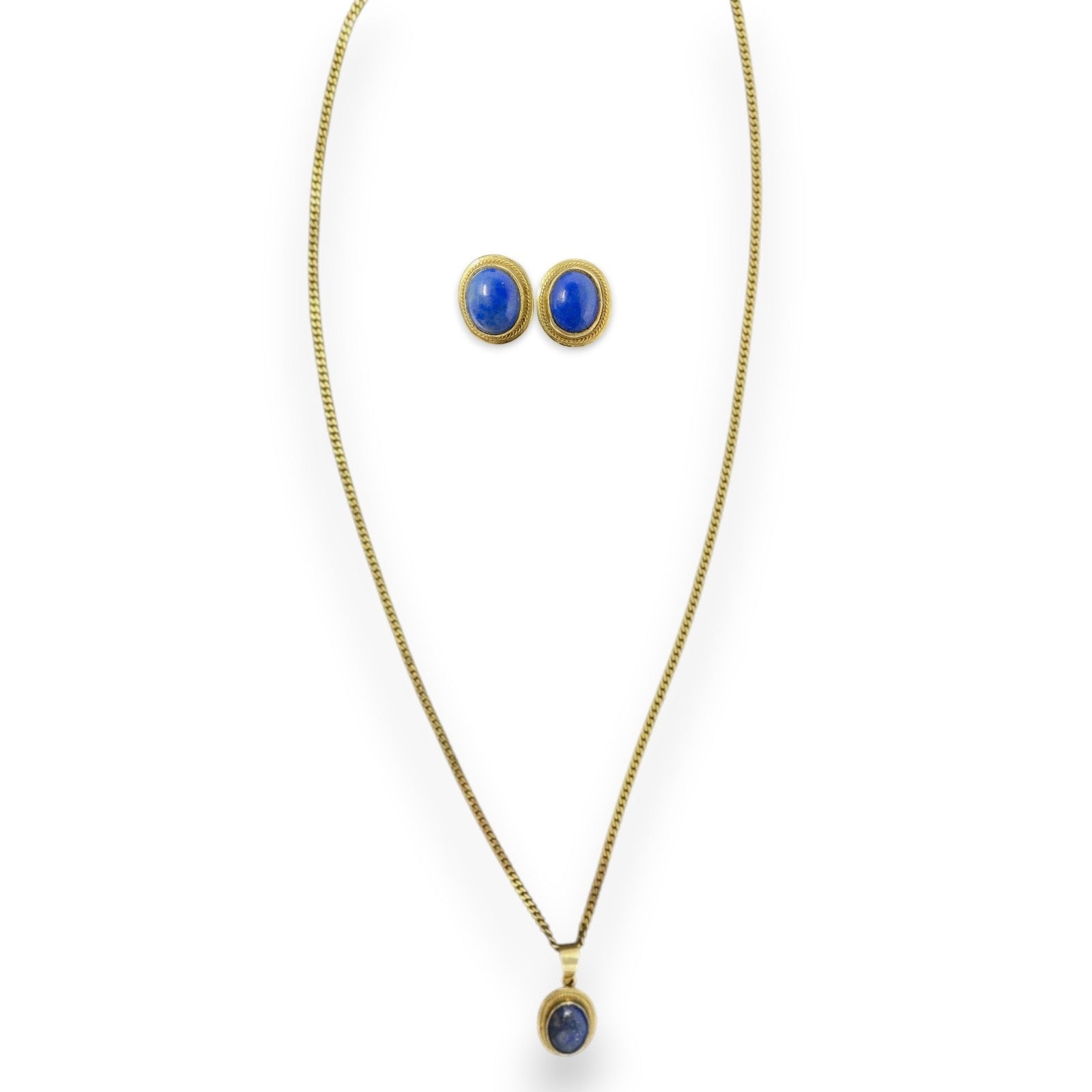 14K Gold Schmuckset Lapislazuli – Panzerkette & Ohrstecker – Echtgold – Vintage